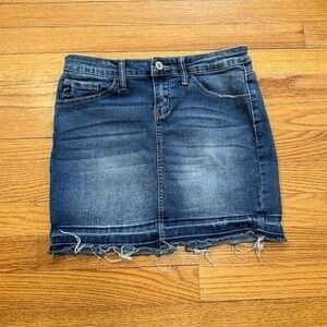 KanCan Denim Mini Skirt Size 26 XS Blue Distressed Fringe Hem Repurposed Y2K